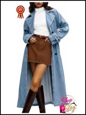 Women's Cotton Blend Denim Trench Coat Double Breasted Belted Midi Overcoat